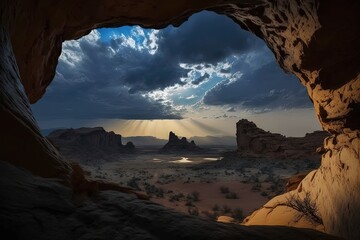 Wall Mural - A look at Al Ula in the evening from the Harrat vantage point. Generative AI