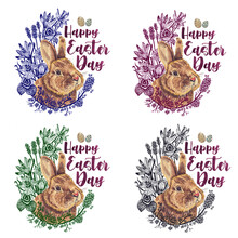 Illustrations Of Welcome To Easter,the Herald Of Spring.A Cute Easter Bunny With A Feather Hidden In Flowers.Watercolor Illustration And Flowers Drawn With Ink Pen.Easter Calligraphy Written In Brush.