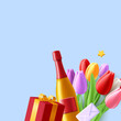 3d spring greeting composition with tulip flowers bouquet, gift box and wine bottle with love letter envelope