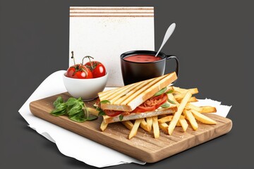 Poster - crunchy french fries and a club sandwich on a thin wooden board. a cup of ketchup sits next to the p