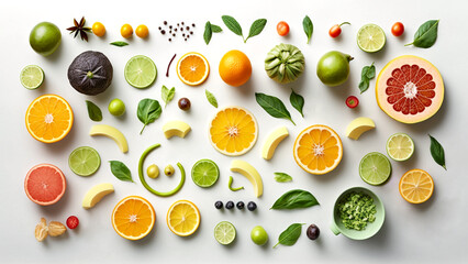 Top view of Healthy and food background from fruits and green, vegetables kept on white background.