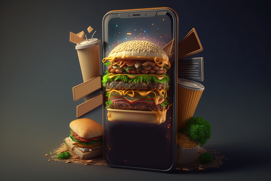 fast food restaurant emerging from smart phone. generative ai illustration.