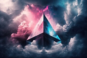 Poster - stormy clouds and a geometric pyramid shape contrast with a pink neon background in this abstract ar