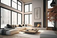 Modern Living Room With A Neutral Sofa, A Glass Coffee Table, And A Fireplace. The Living Area Is Well Decorated With A Large Corner Sofa, Hardwood Floors, And Large Windows. Template. Generative AI