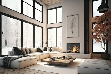 modern living room with a neutral sofa, a glass coffee table, and a fireplace. the living area is we