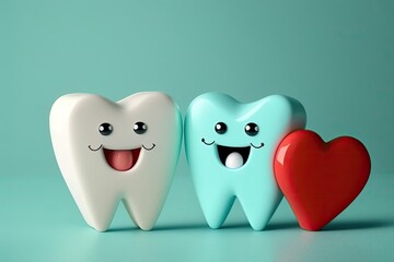 Sticker - On a pastel background, there are two teeth and a crimson heart. Concepts of dental hygiene with Valentine's Day. Generative AI