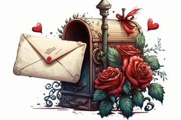 Wall Mural - On a white background, a mailbox holds a bouquet of roses and a wrapped present. Party in honor of St. Valentine. Generative AI