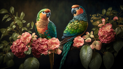 Colorful pair of parrots sitting on branch between leafs Tropical rainforest , flowers in the background, 3D rendering incredibly detailed.