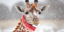 Giraffe Wearing Red Christmas Scarf In The Snow, Giraffe, Snow, Winter, Concept Art, Generative AI