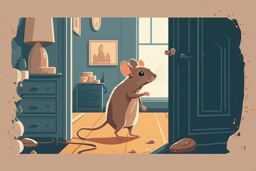 Poster - fuzzy brown rat bumbling through someone's home or apartment, sniffing everything. Generative AI