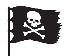 Vector Wavy Black Tattered Pirate Flag With Skull And Crossbones Symbol. Isolated On White Background