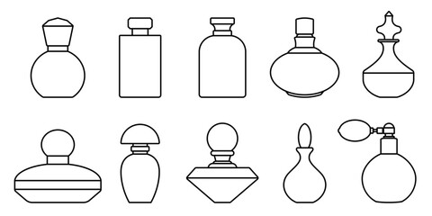 Bottle of perfume. Set of linear silhouette of perfume bottles. Fragrance bottle icon. Vector illustration