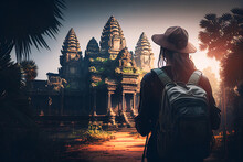 Woman Backpack Tourist Travel In Cambodia, Image Ai Generate