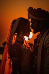 Wall Mural - Wedding - Elegant Indian Bride and Groom in the Warmth of Sunset's Golden Light AI Generative