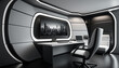 Futuristic Office Room, A minimalist office space with sleek and glossy surfaces, curved walls, and a monochromatic color scheme of black, white, and gray Generative AI