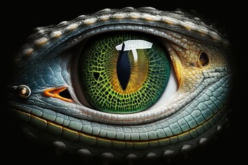 Poster - the crocodile's eye, magnified. close up of a crocodile's eye in macro. snake's gaze. generative ai
