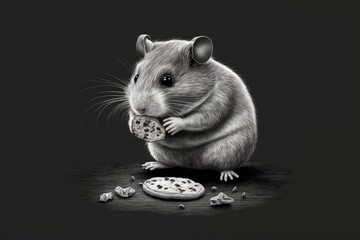 Sticker - On a gray background, an adorable little rat munches on some cookies. Generative AI