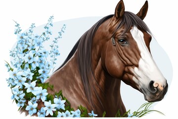 Poster - posing on a bed of blue flowers, a brown horse looks handsome in this portrait. generative ai