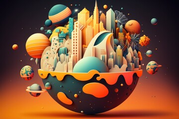 Poster - Imagine a globe adorned with buildings from all across the world. Generative AI