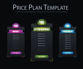 gaming and modern price list template in dark grey with different color pop in packages. Vector in high quality png. Pricing table can be used in futuristic style gaming or general projects or website