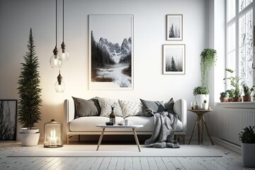 Poster - A contemporary home with a sofa and a table light. example of scandinavian interior design. Generative AI