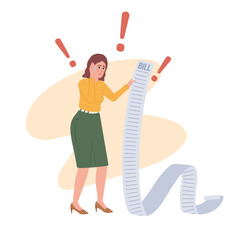 Poster - Shocked by high electric bill 2D vector isolated spot illustration. Worried lady flat character on cartoon background. Colorful editable scene for mobile, website, magazine. Bebas Neue Bold font used