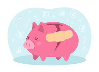 Poster - fixing shattered piggy bank 2d vector isolated spot illustration. managing money better. tracking bu