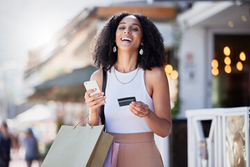 Wall Mural - Shopping, credit card and portrait of woman with phone for ecommerce, information or confirmation. Online payment, face and banking for girl retail customer at a mall while checking score