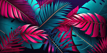 Abstract Background With Tropical Leaves In Magenta And Azure - Generative AI