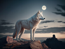 A Majestic White Wolf Standing On A Mountaintop, Howling At The Full Moon In The Night Sky, Cinematic, Accent Lighting, Global Illumination, National Geographic, Majestic, White Wolf, Mountaintop, 