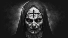 Nun Possessed By The Devil, The Mark Of The Crucifixion Is Fixed On Her Forehead, Showing All The Power Of Evil That Dwells Within Her. Generative AI.