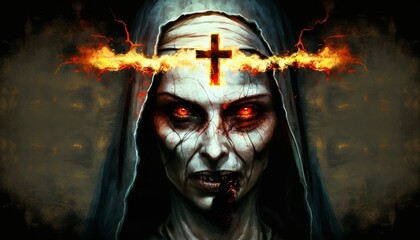 Nun possessed by the devil, the mark of the crucifixion is fixed on her forehead, showing all the power of evil that dwells within her. Generative AI.