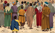 Zacchaeus too short to see over the crowd to see Jesus.  Biblical illustration depicting Luke 19:1-10.