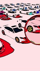 Wall Mural -  2d vertical video animation in comic style -  Close up of magnifying glass. Illustration of Hundreds Cars One Red