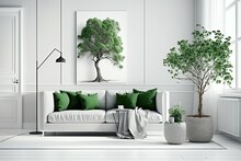 Mockup Of A Classic Living Area With A Grey Sofa And Green Throw Pillows, An Olive Tree In A Wicker Basket, And A Floor Lamp Against A White Wall. Generative AI