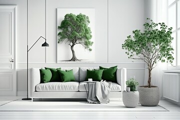 Poster - Mockup of a classic living area with a grey sofa and green throw pillows, an olive tree in a wicker basket, and a floor lamp against a white wall. Generative AI