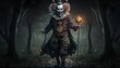 Scary clown in a dark night that gives you goosebumps.,scary clown in an ominous forest with a lot of fog Generative AI