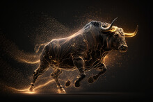 Charging Bull Surrounded By Golden_light_particles Running. Stockmarket With Bullmarket Picture