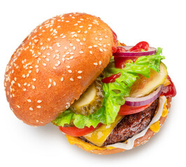 Wall Mural - Appetizing cheeseburger close up on white background.  Clipping path.