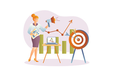 Aufkleber - Marketing concept with people scene in the flat cartoon style. Marketer makes various announcements and advertisements in social networks.