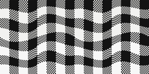 Fototapete - Gingham wavy pattern. Seamless wavy black and white plaid pattern. Print for seamless vector surfaces.
