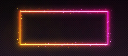 Wall Mural - Gradient neon frame, glowing border with sparkles, led pink-yellow rectangle. Modern futuristic outline, tropical banner with pink and orange colors. Design UI element. Vector illustration.