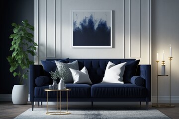 Sticker - Dark blue sofa, table, and accents in a mockup of a contemporary home's living room. Generative AI