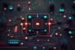 © twindesigner - A Futuristic Tech Background with mainboard connectors and connected chips and processors. Ai generated