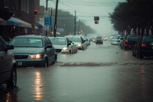 The Chaos Of Urban Flooding: A Line Of Cars Partially Submerged In Water, The Devastating Consequences Of Heavy Rains AI Generative