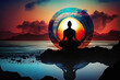 abstract picture of a yogi sitting in a lotus position facing the sunset at the water's edge and the outlines of mountains on the horizon