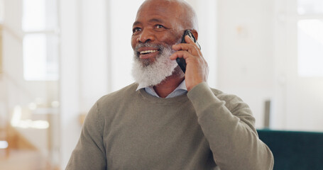 Canvas Print - Senior black man, work and home with phone call, communication and laptop on desk for online crm job. Mature worker, home office and using phone for conversation, discussion or negotiation with clien