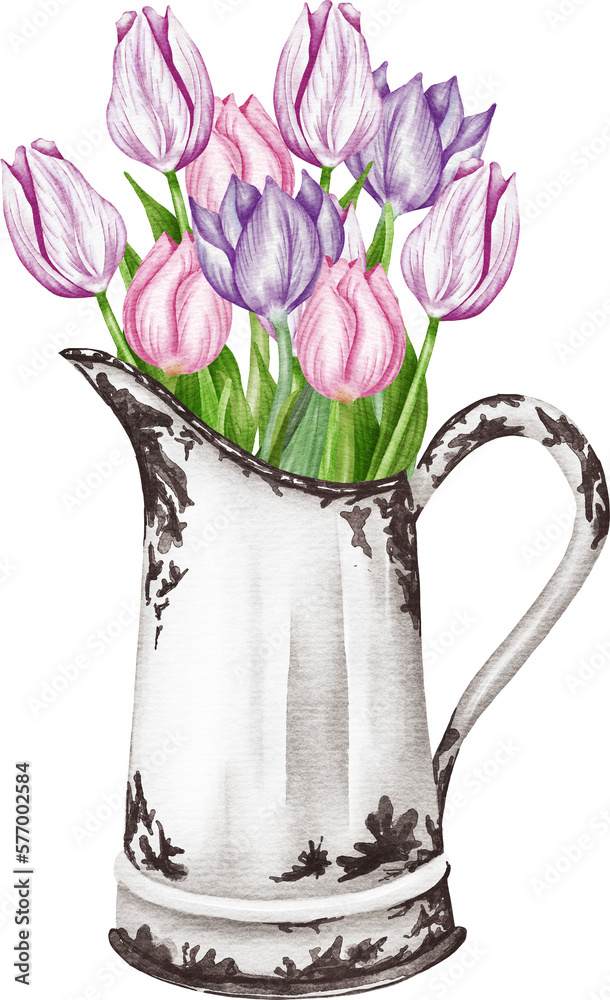 Garden watercolor illustrations of a basket with flowers. Farmhouse ...