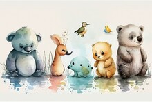 Illustration Of Infant Animals In Watercolor For A Baby Room. Generative AI