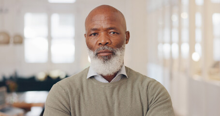 Poster - Senior black man, business leadership and portrait of elderly ceo, management and working in office lounge with vision, motivation and trust for goals. Company manager, executive and boss with pride